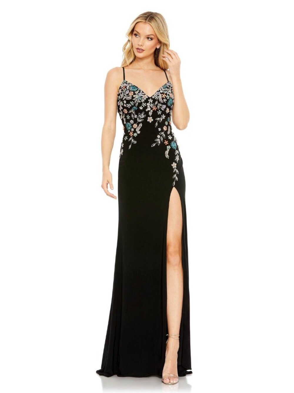 Mac Duggal Size 4 Black 42006 Multi Color Beaded Floral Cami Formal Gown Dress